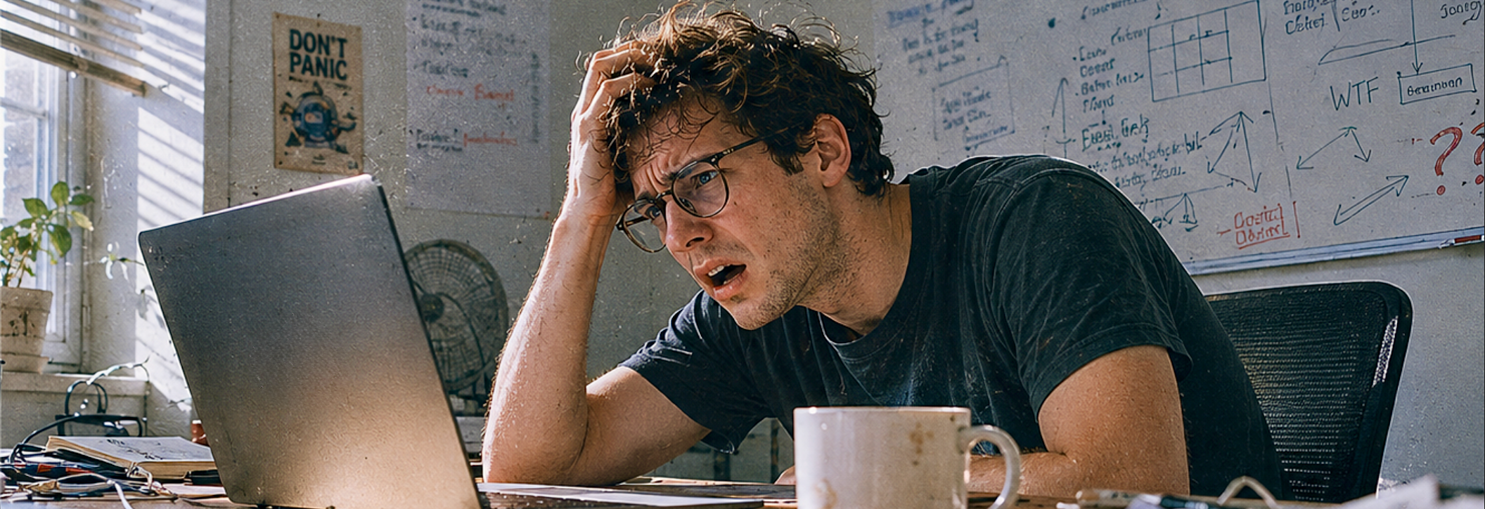 A frustrated person at a laptop in a messy office