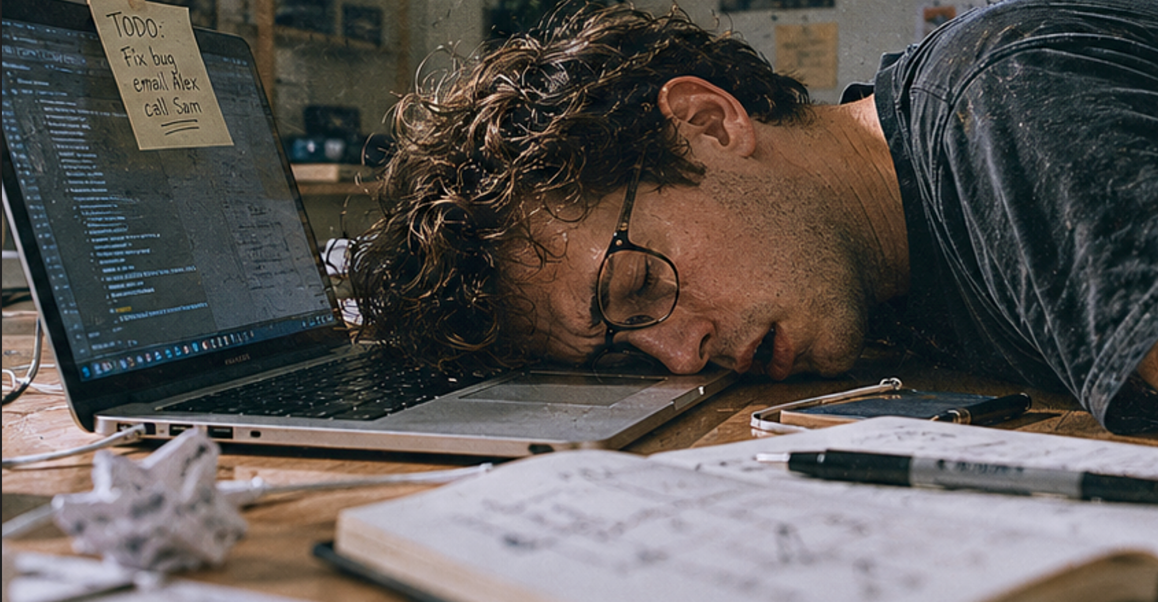 A tired person asleep on a laptop at a messy desk